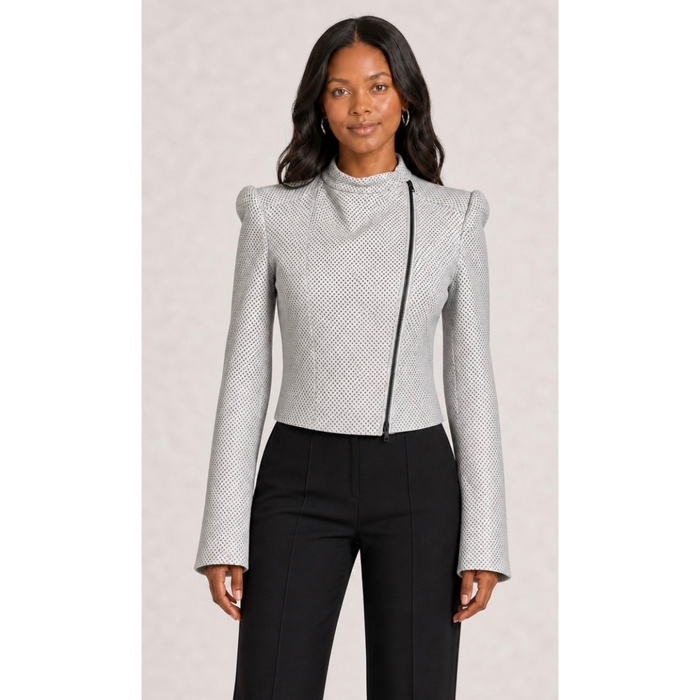 Elaine Kim White Perforated Leather Moto Jacket Petite Asymmetric Zip